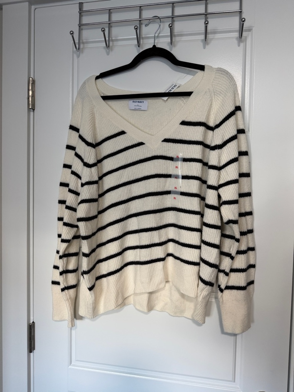 Old Navy Cream and Black Striped V-Neck Sweater Top